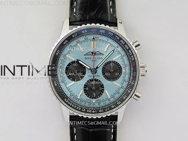 Navitimer B01 43mm SS B50 Best Edition Ice Blue Dial Black Subdial On Black Leather Strap A7750