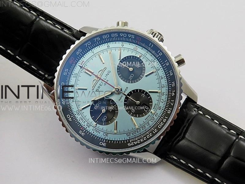 Navitimer B01 43mm SS B50 Best Edition Ice Blue Dial Black Subdial On Black Leather Strap A7750