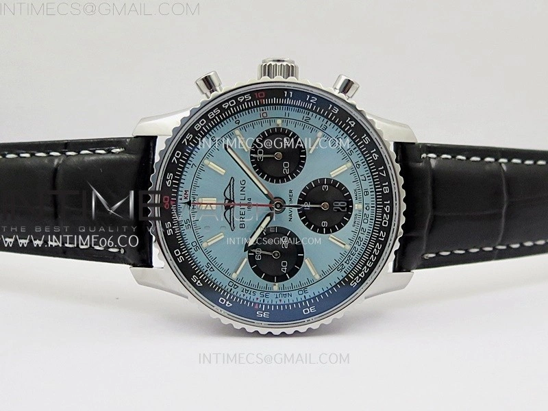 Navitimer B01 43mm SS B50 Best Edition Ice Blue Dial Black Subdial On Black Leather Strap A7750