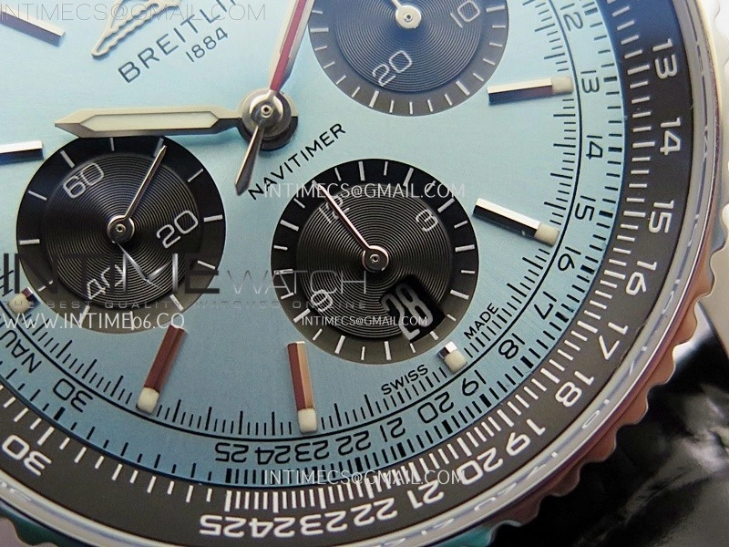 Navitimer B01 43mm SS B50 Best Edition Ice Blue Dial Black Subdial On Black Leather Strap A7750