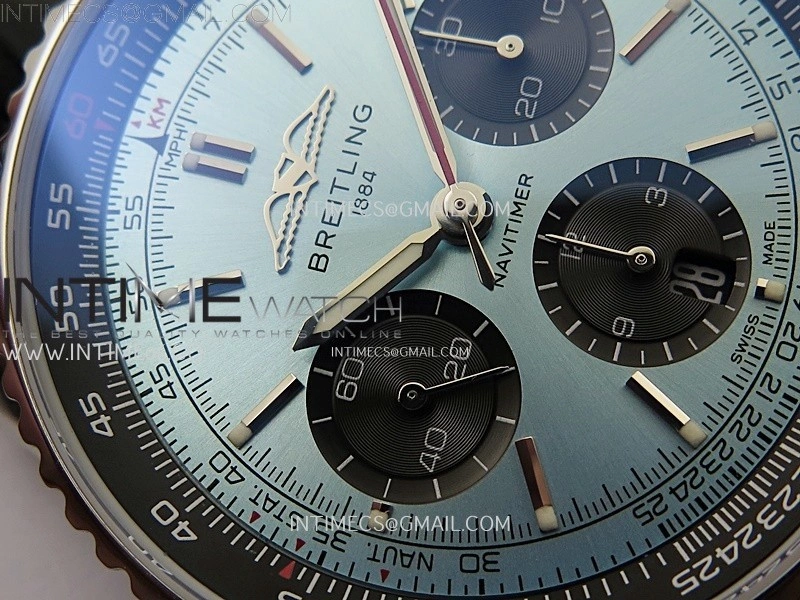 Navitimer B01 43mm SS B50 Best Edition Ice Blue Dial Black Subdial On Black Leather Strap A7750