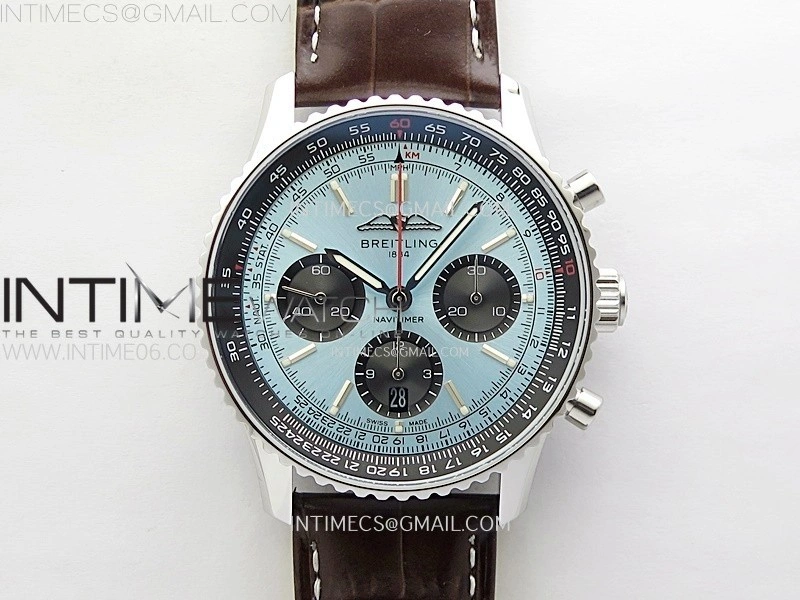 Navitimer B01 43mm SS B50 Best Edition Ice Blue Dial Black Subdial On Brown Leather Strap A7750