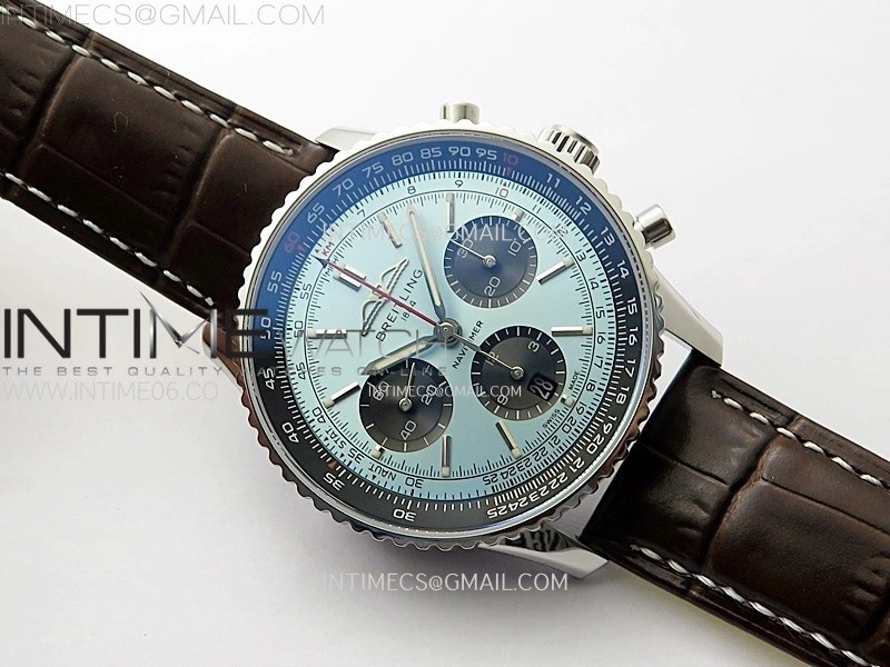 Navitimer B01 43mm SS B50 Best Edition Ice Blue Dial Black Subdial On Brown Leather Strap A7750