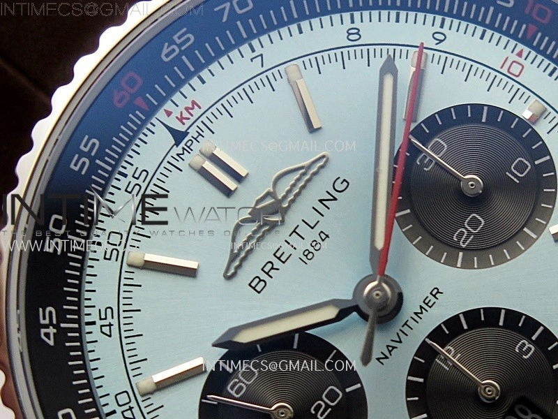 Navitimer B01 43mm SS B50 Best Edition Ice Blue Dial Black Subdial On Brown Leather Strap A7750