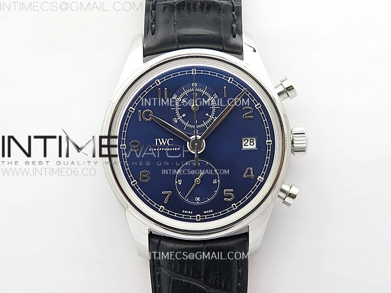Portugieser Chrono Classic 42 IW390406 AZF 1:1 Best Edition Blue Dial Blue Hand on Black Leather Strap A7750