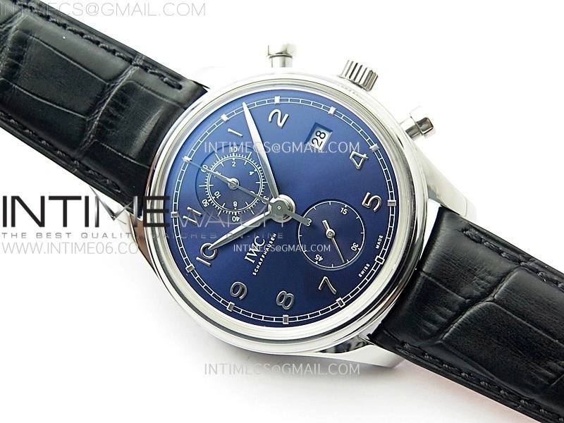 Portugieser Chrono Classic 42 IW390406 AZF 1:1 Best Edition Blue Dial Blue Hand on Black Leather Strap A7750