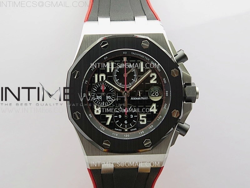 Royal Oak Offshore 42mm Ceramic Bezel SS TKF Best Edition Black Dial on Black Red Rubber Strap A3126