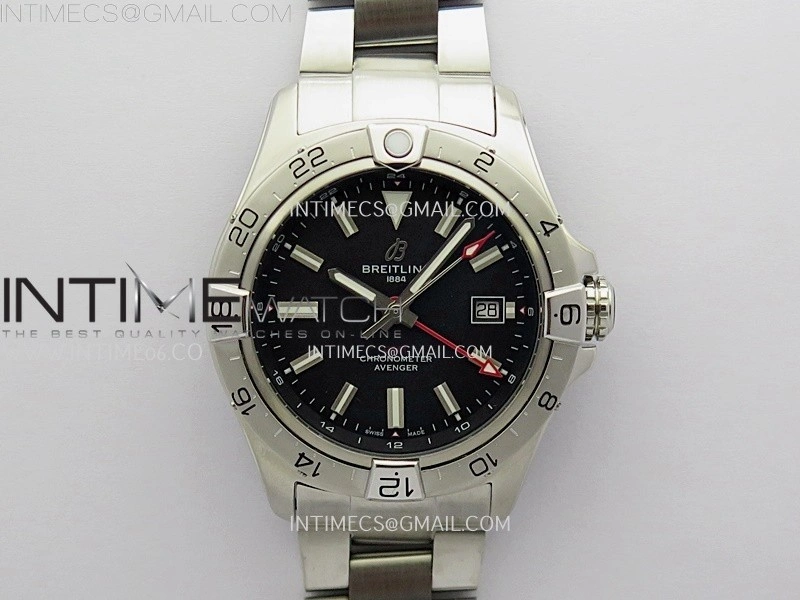 Avenger Chronometer 42mm GMT Red Second Hand SS BLSF 1:1 Best Version Black Dial On SS Bracelet A2836