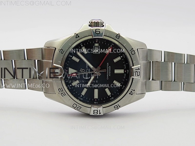Avenger Chronometer 42mm GMT Red Second Hand SS BLSF 1:1 Best Version Black Dial On SS Bracelet A2836