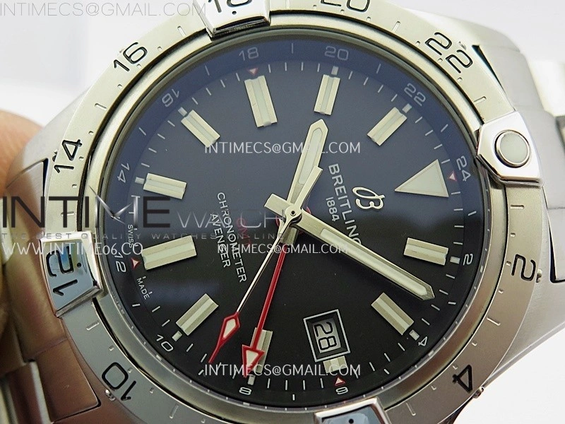 Avenger Chronometer 42mm GMT Red Second Hand SS BLSF 1:1 Best Version Black Dial On SS Bracelet A2836