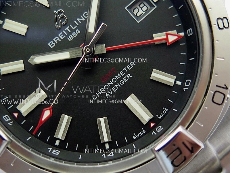 Avenger Chronometer 42mm GMT Red Second Hand SS BLSF 1:1 Best Version Black Dial On SS Bracelet A2836
