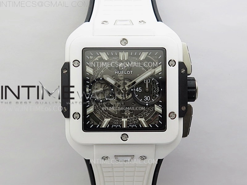 Square Bang Unico 42mm White Ceramic BBF 1:1 Best Edition Skeleton Dial on White Rubber Strap A1280