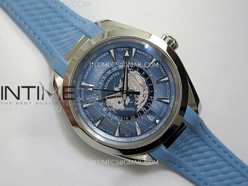 Aqua Terra GMT Worldtimer 43mm VSF 1:1 Best Edition Summer Blue Dial on Blue Rubber Strap A8938 Super Clone