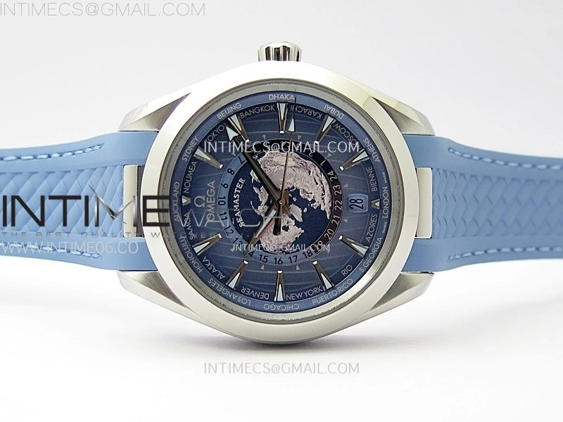 Aqua Terra GMT Worldtimer 43mm VSF 1:1 Best Edition Summer Blue Dial on Blue Rubber Strap A8938 Super Clone