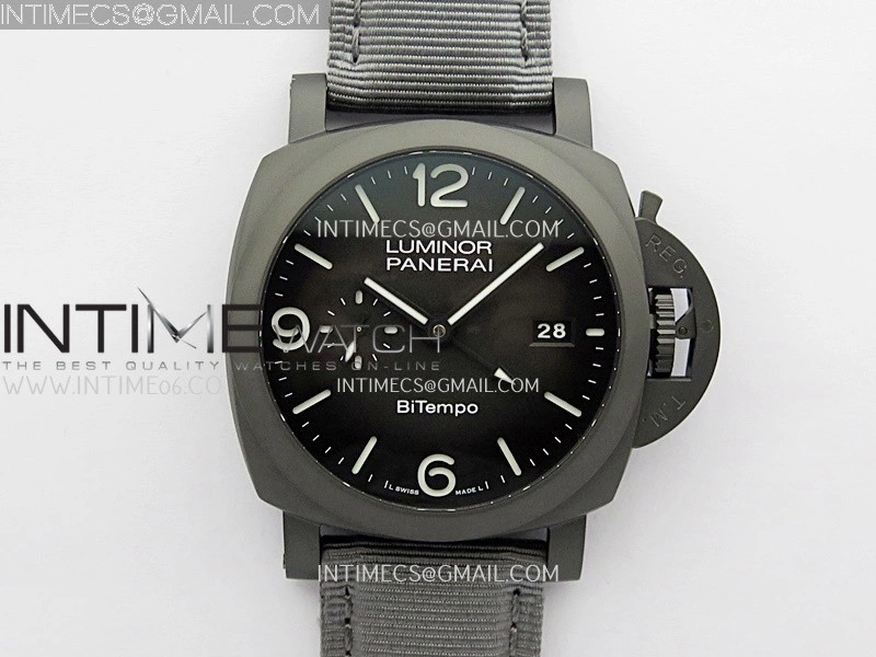 PAM1467 44mm GMT DLC VSF 1:1 Best Edition Gray Ombre Dial On Gray Nylon Strap Asian P9010