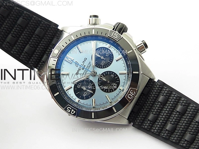 Chronomat B01 44mm SS BLSF 1:1 Best Edition Ice Blue Dial on Black Rubber Strap A7750 to Cal.01