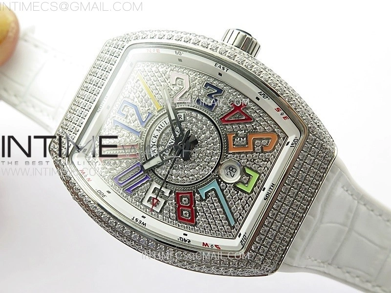 Vanguard V45 Full Diamonds ABF Best Edition Full Paved Diamonds On White Gummy Strap A2824