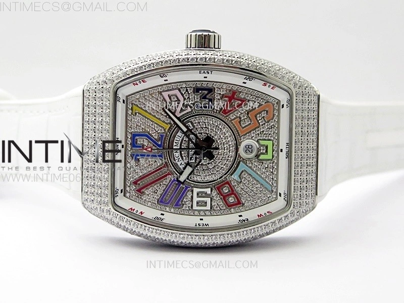 Vanguard V45 Full Diamonds ABF Best Edition Full Paved Diamonds On White Gummy Strap A2824