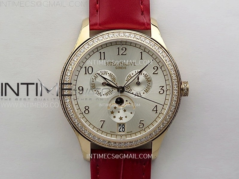 Annual Calendar 4947R Full Paved Diamonds N1F Best Edition Silver Dial on Red Leather Strap A324