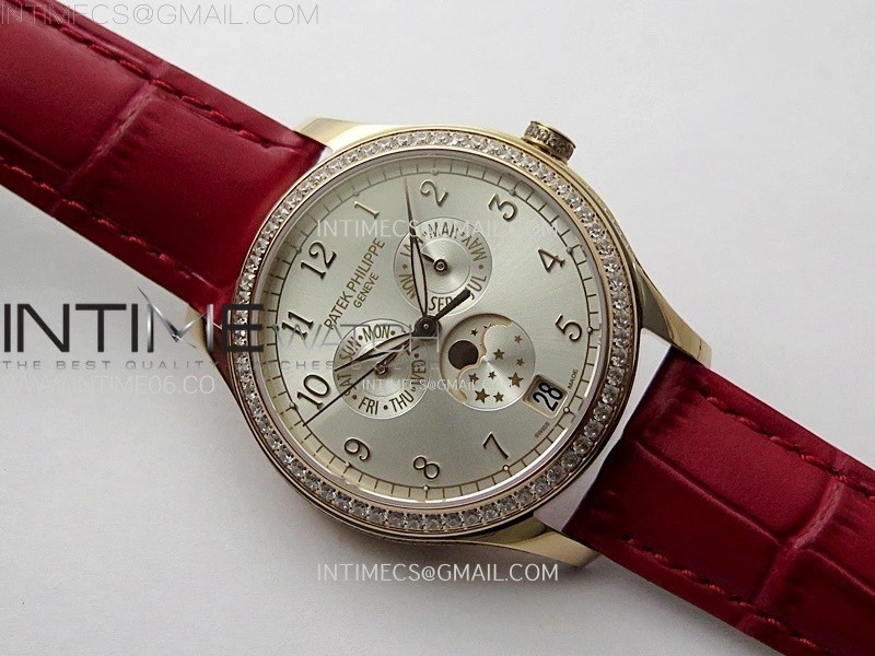 Annual Calendar 4947R Full Paved Diamonds N1F Best Edition Silver Dial on Red Leather Strap A324