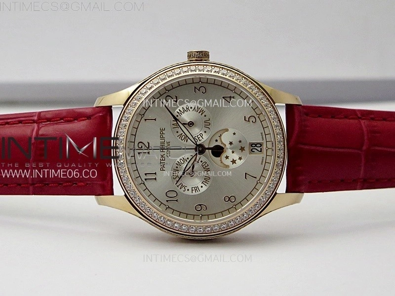 Annual Calendar 4947R Full Paved Diamonds N1F Best Edition Silver Dial on Red Leather Strap A324