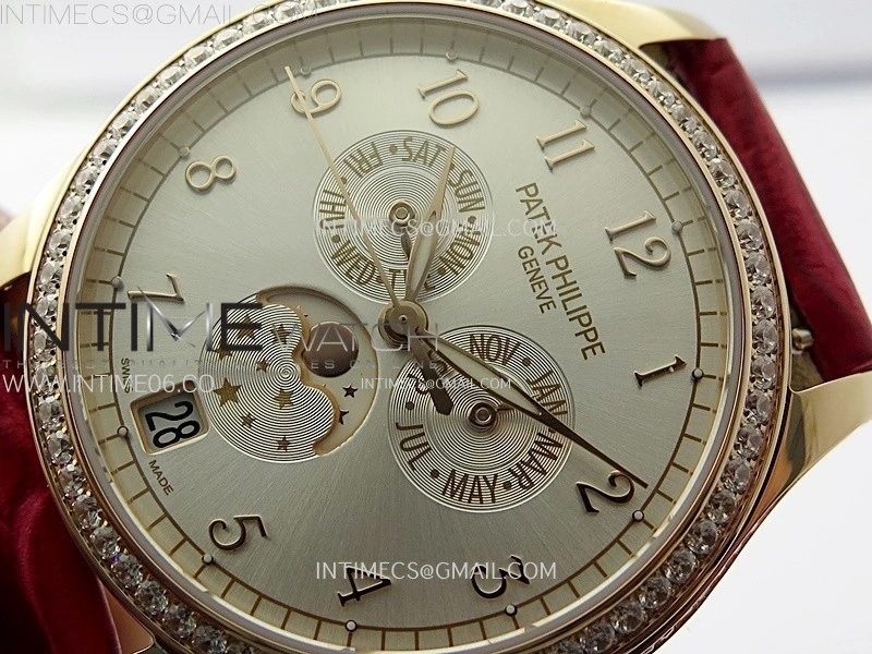 Annual Calendar 4947R Full Paved Diamonds N1F Best Edition Silver Dial on Red Leather Strap A324