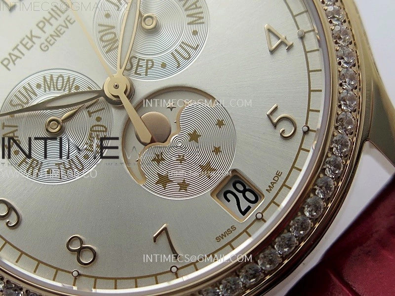 Annual Calendar 4947R Full Paved Diamonds N1F Best Edition Silver Dial on Red Leather Strap A324