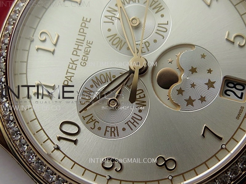 Annual Calendar 4947R Full Paved Diamonds N1F Best Edition Silver Dial on Red Leather Strap A324