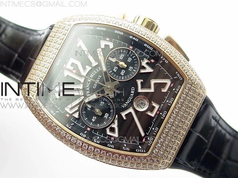 Vanguard V45 Chrono RG pave crystals ABF Best Edition Black Dial on Black Gummy Strap A7750