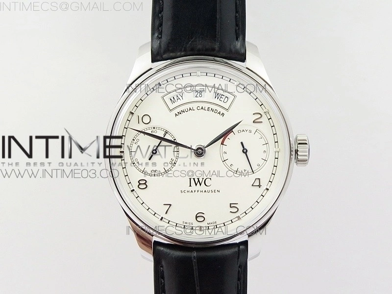 Portuguese Real PR Real Annual Calendar IW5035 AZF 1:1 Best Edition White Dial Silver Markers on Black Leather Strap A52850