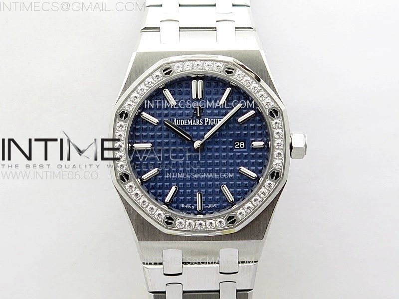 Lady Royal Oak 33mm 67651 Diamonds SS ZF 1:1 Best Edition Blue Textured Dial on SS Bracelet RONDA Quartz