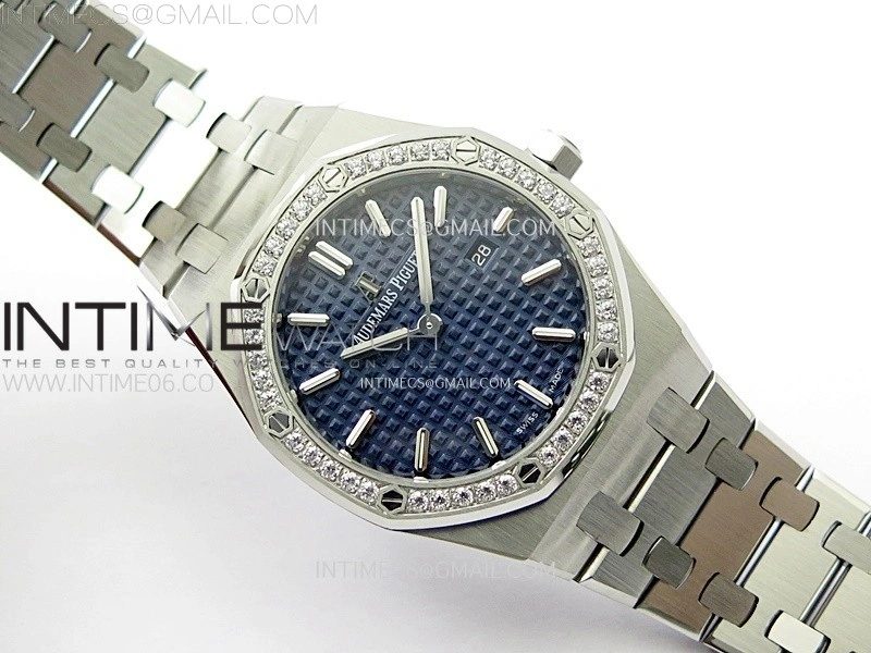 Lady Royal Oak 33mm 67651 Diamonds SS ZF 1:1 Best Edition Blue Textured Dial on SS Bracelet RONDA Quartz