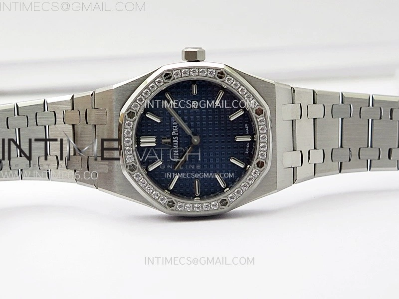 Lady Royal Oak 33mm 67651 Diamonds SS ZF 1:1 Best Edition Blue Textured Dial on SS Bracelet RONDA Quartz