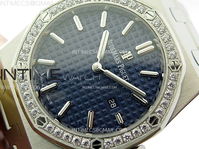 Lady Royal Oak 33mm 67651 Diamonds SS ZF 1:1 Best Edition Blue Textured Dial on SS Bracelet RONDA Quartz