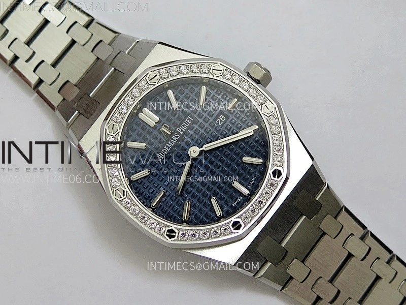 Lady Royal Oak 33mm 67651 Diamonds SS ZF 1:1 Best Edition Blue Textured Dial on SS Bracelet RONDA Quartz
