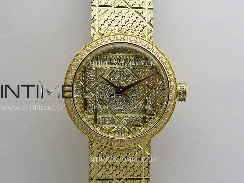 La D de Dior Satine 25mm Diamond Bezel YG 8848F 1:1 Best Edition Gold Dial On YG bracelet Swiss Quartz