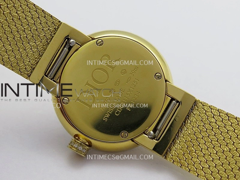 La D de Dior Satine 25mm Diamond Bezel YG 8848F 1:1 Best Edition Gold Dial On YG bracelet Swiss Quartz