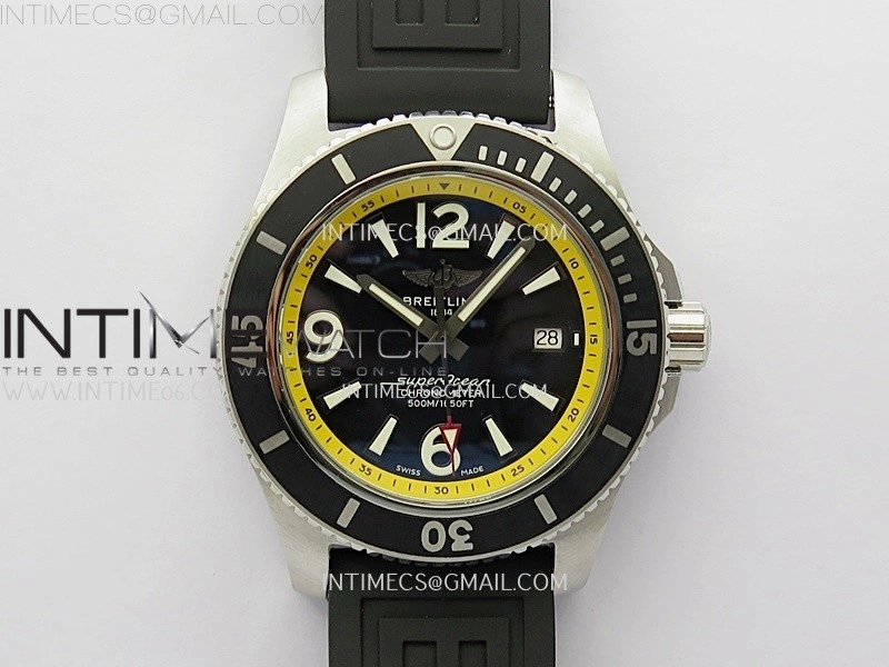 SuperOcean Automatic 46mm TF 1:1 Best Edition Black Dial Yellow Inner Bezel on Black Rubber Strap A2824