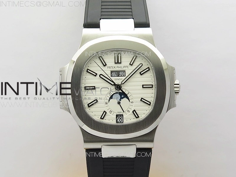 Nautilus 5726 Full Function SS PPF 1:1 Best Edition White Dial on Black Rubber Strap PPF324