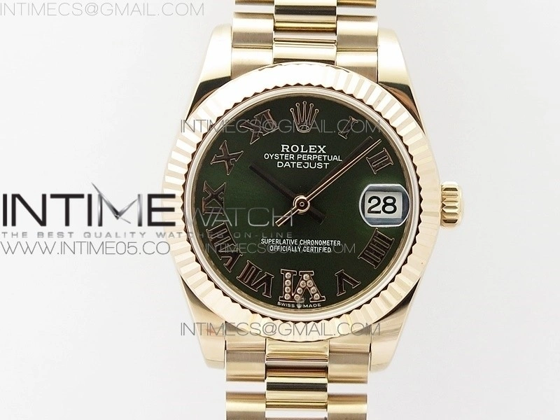 Datejust 31mm 278275 RG BP Best Edition Green Roman Markers Dial @6 Dia on RG President Bracelet
