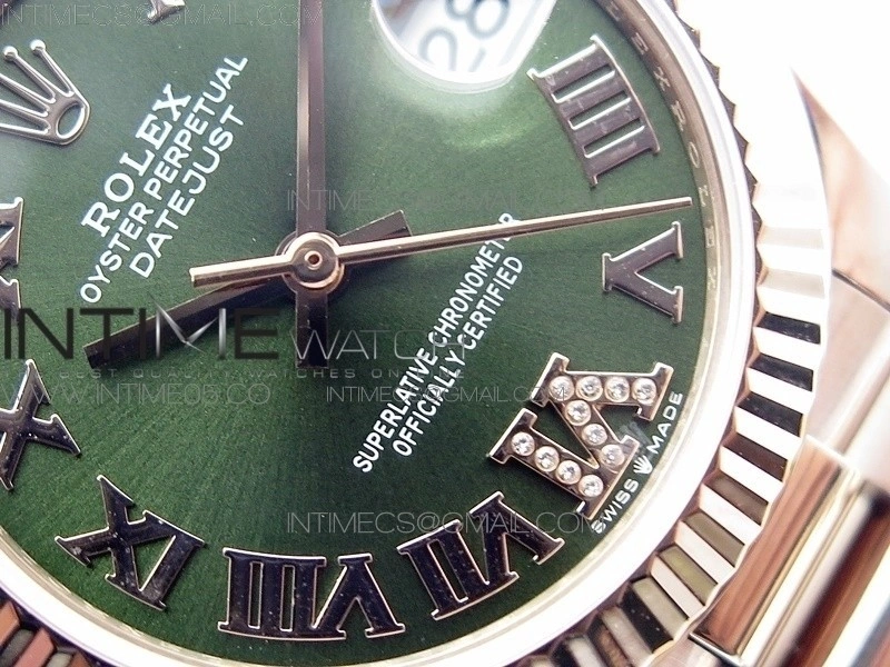 Datejust 31mm 278275 RG BP Best Edition Green Roman Markers Dial @6 Dia on RG President Bracelet