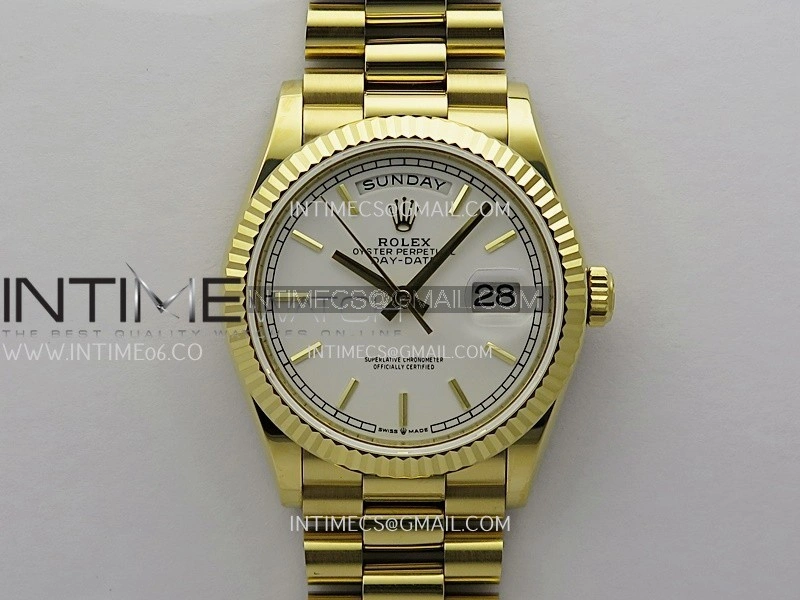 Day Date 128238 36mm YG KF 1:1 Best Edition White Dial Stick Marker On President Bracelet A2836