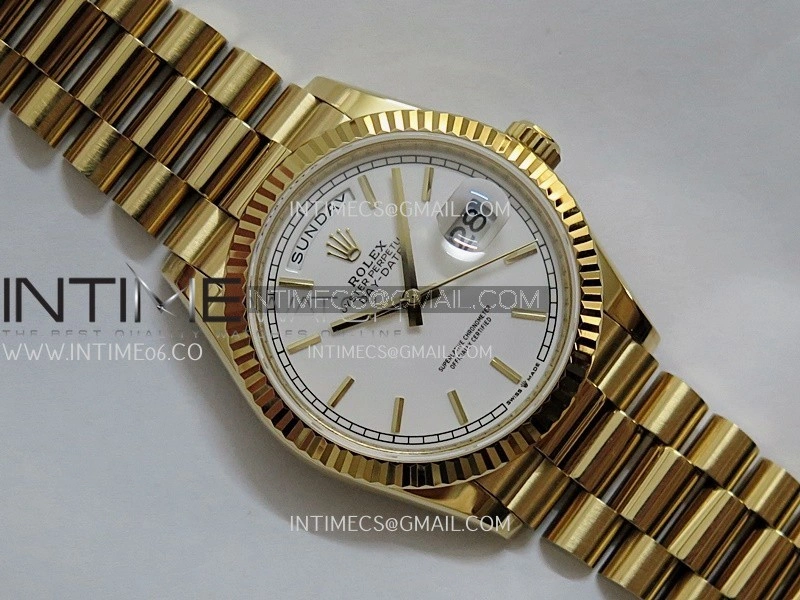 Day Date 128238 36mm YG KF 1:1 Best Edition White Dial Stick Marker On President Bracelet A2836