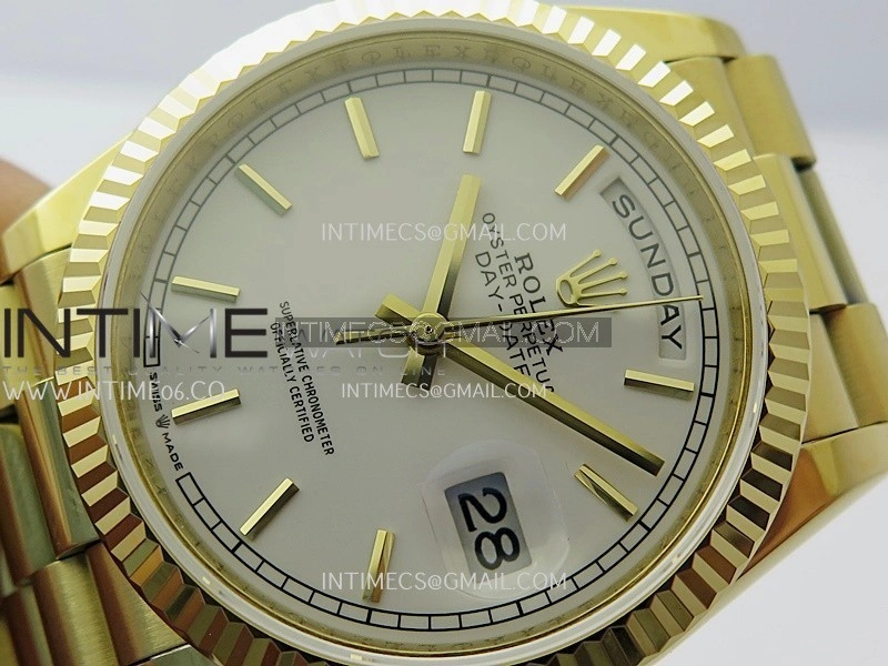 Day Date 128238 36mm YG KF 1:1 Best Edition White Dial Stick Marker On President Bracelet A2836