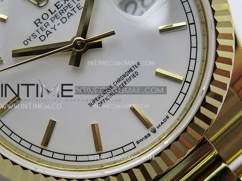 Day Date 128238 36mm YG KF 1:1 Best Edition White Dial Stick Marker On President Bracelet A2836