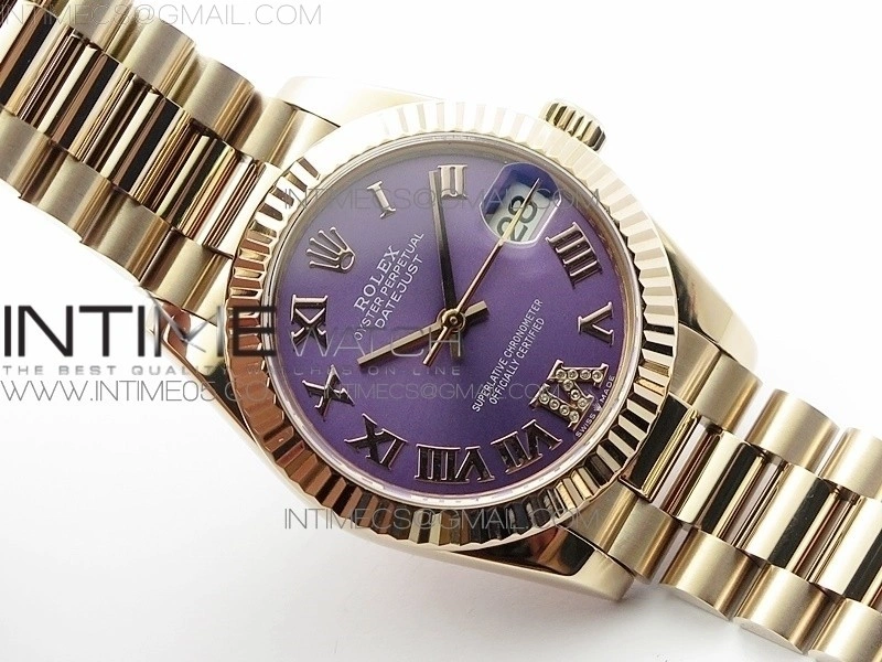 Datejust 31mm 278275 RG BP Best Edition Purple Roman Markers Dial @6 Dia on RG President Bracelet
