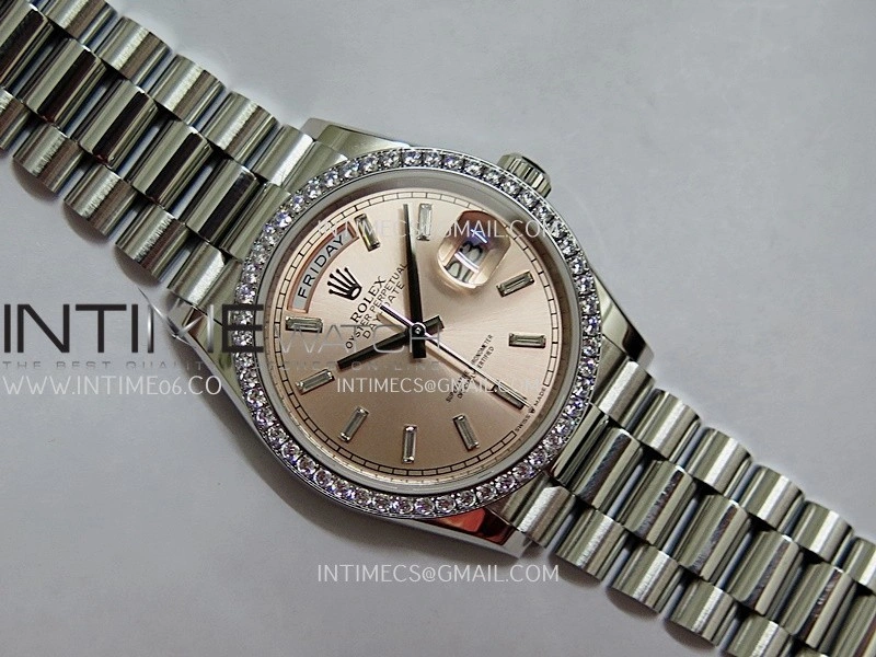 Day Date 128349 SS Gain Weight KF 1:1 Pink Dial T Diamond Marker On President Bracelet A2836