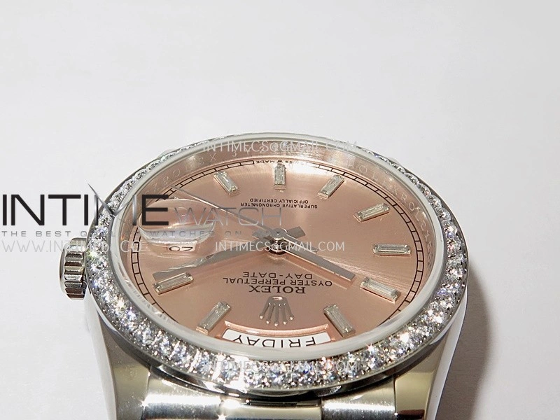 Day Date 128349 SS Gain Weight KF 1:1 Pink Dial T Diamond Marker On President Bracelet A2836
