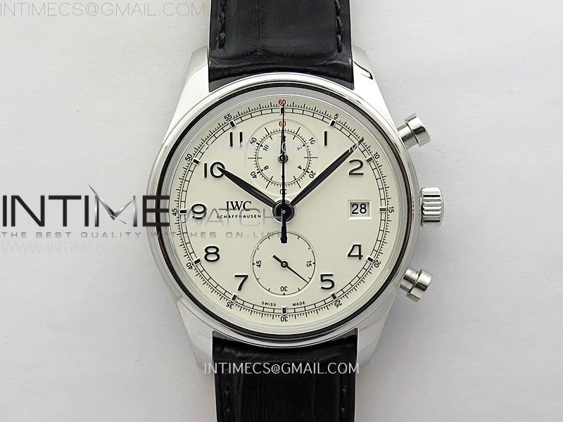 Portugieser Chrono Classic 42 IW390403 AZF 1:1 Best Edition White Dial Silver Markers on Black Leather Strap A7750