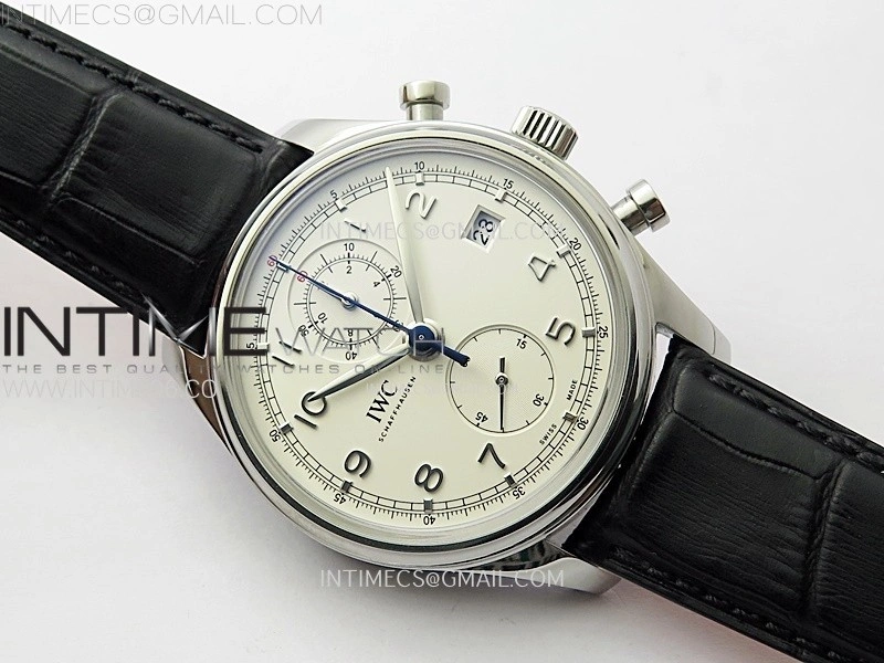 Portugieser Chrono Classic 42 IW390403 AZF 1:1 Best Edition White Dial Silver Markers on Black Leather Strap A7750